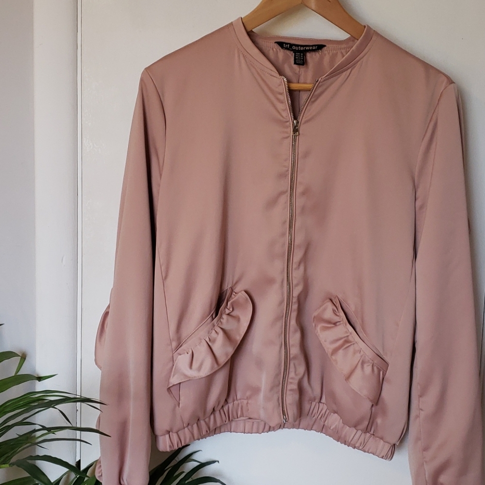 Pink Satin Bomber Jacket Ruffle Detail